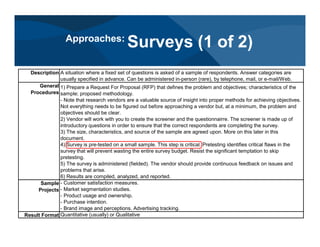 Description A situation where a fixed set of questions is asked of a sample of respondents. Answer categories are
usually specified in advance. Can be administered in-person (rare), by telephone, mail, or e-mail/Web.
General
Procedures
1) Prepare a Request For Proposal (RFP) that defines the problem and objectives; characteristics of the
sample; proposed methodology.
- Note that research vendors are a valuable source of insight into proper methods for achieving objectives.
Not everything needs to be figured out before approaching a vendor but, at a minimum, the problem and
objectives should be clear.
2) Vendor will work with you to create the screener and the questionnairre. The screener is made up of
introductory questions in order to ensure that the correct respondents are completing the survey.
3) The size, characteristics, and source of the sample are agreed upon. More on this later in this
document.
4) Survey is pre-tested on a small sample. This step is critical. Pretesting identifies critical flaws in the
survey that will prevent wasting the entire survey budget. Resist the significant temptation to skip
pretesting.
5) The survey is administered (fielded). The vendor should provide continuous feedback on issues and
problems that arise.
6) Results are compiled, analyzed, and reported.
Sample
Projects
- Customer satisfaction measures.
- Market segmentation studies.
- Product usage and ownership.
- Purchase intention.
- Brand image and perceptions. Advertising tracking.
Result Format Quantitative (usually) or Qualitative
Approaches:
Surveys (1 of 2)
 