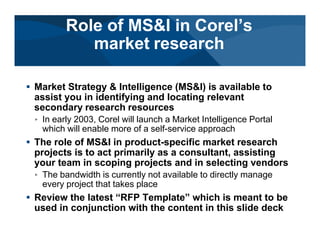 # Market Strategy & Intelligence (MS&I) is available to
assist you in identifying and locating relevant
secondary research resources
< In early 2003, Corel will launch a Market Intelligence Portal
which will enable more of a self-service approach
# The role of MS&I in product-specific market research
projects is to act primarily as a consultant, assisting
your team in scoping projects and in selecting vendors
< The bandwidth is currently not available to directly manage
every project that takes place
# Review the latest “RFP Template” which is meant to be
used in conjunction with the content in this slide deck
Role of MS&I in Corel’s
market research
 