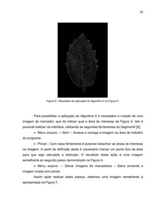 35
Figura 6 - Resultado da aplicação do Algoritmo 5 na Figura 5.
Para possibilitar a aplicação do Algoritmo 6 é necessário a criação de uma
imagem de marcador, que irá indicar qual a área de interesse da Figura 5. Isto é
possível realizar via interface, utilizando as seguintes ferramentas do SegmentIt [6]:
 Menu arquivo → Abrir – Acessa e carrega a imagem na área de trabalho
do programa.
 Pincel – Com essa ferramenta é possível desenhar as áreas de interesse
na imagem. A partir da definição desta é necessário marcar um ponto fora da área
para que seja calculada a distinção. O resultado desta ação é uma imagem
semelhante ao segundo passo demonstrado na Figura 4.
 Menu arquivo → Salvar imagens de marcadores – Salva somente a
imagem criada com pincel.
Assim após realizar estes passos, obtemos uma imagem semelhante à
apresentada na Figura 7.
 
