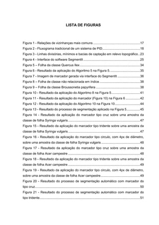 LISTA DE FIGURAS
Figura 1 - Relações de vizinhanças mais comuns ....................................................17
Figura 2 - Fluxograma tradicional de um sistema de PID..........................................18
Figura 3 - Linhas divisórias, mínimos e bacias de captação em relevo topográfico..23
Figura 4 - Interface do software SegmentIt ...............................................................25
Figura 5 – Folha da classe Quercus Ilex...................................................................34
Figura 6 - Resultado da aplicação do Algoritmo 5 na Figura 5..................................35
Figura 7 - Imagem de marcador gerada via interface do SegmentIt .........................36
Figura 8 – Folha de classe não relacionada em índice .............................................38
Figura 9 – Folha da classe Broussonetia papyrifera .................................................38
Figura 10 - Resultado da aplicação do Algoritmo 8 na Figura 5................................41
Figura 11 - Resultado da aplicação do marcador (Figura 10) na Figura 6 ................42
Figura 12 - Resultado da aplicação do Algoritmo 10 na Figura 10............................44
Figura 13 - Resultado do processo de segmentação aplicado na Figura 5...............45
Figura 14 - Resultado da aplicação do marcador tipo cruz sobre uma amostra da
classe de folha Syringa vulgaris................................................................................47
Figura 15 - Resultado da aplicação do marcador tipo tridente sobre uma amostra da
classe de folha Syringa vulgaris................................................................................47
Figura 16 - Resultado da aplicação do marcador tipo circulo, com 4px de diâmetro,
sobre uma amostra da classe de folha Syringa vulgaris ...........................................48
Figura 17 - Resultado da aplicação do marcador tipo cruz sobre uma amostra da
classe de folha Acer campestre ................................................................................48
Figura 18 - Resultado da aplicação do marcador tipo tridente sobre uma amostra da
classe de folha Acer campestre ................................................................................49
Figura 19 - Resultado da aplicação do marcador tipo circulo, com 4px de diâmetro,
sobre uma amostra da classe de folha Acer campestre............................................49
Figura 20 - Resultado do processo de segmentação automático com marcador do
tipo cruz.....................................................................................................................50
Figura 21 - Resultado do processo de segmentação automático com marcador do
tipo tridente................................................................................................................51
 
