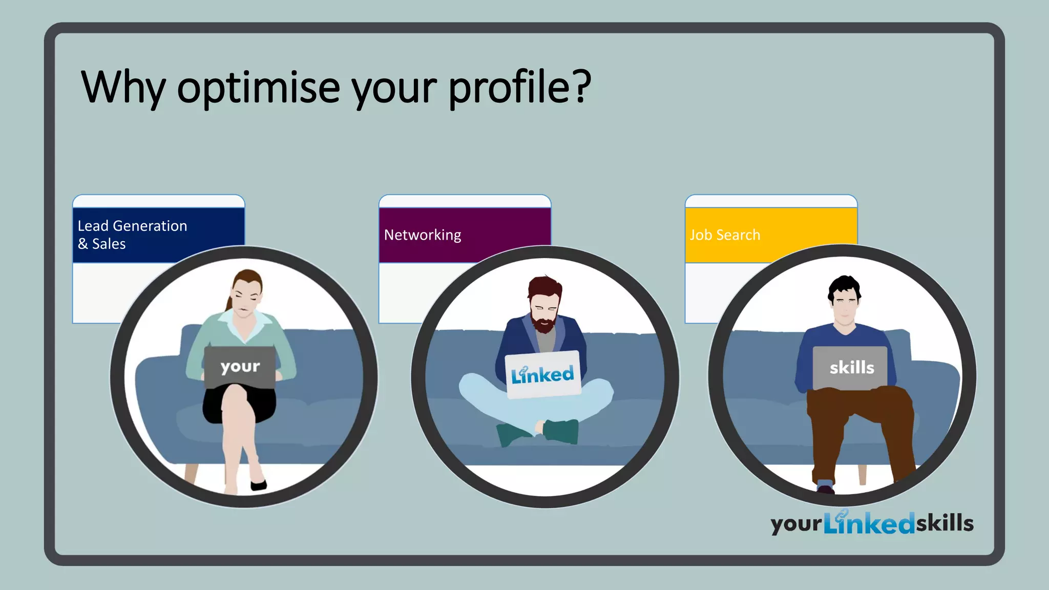 Why optimise your profile?
Lead Generation
& Sales
Networking Job Search
 