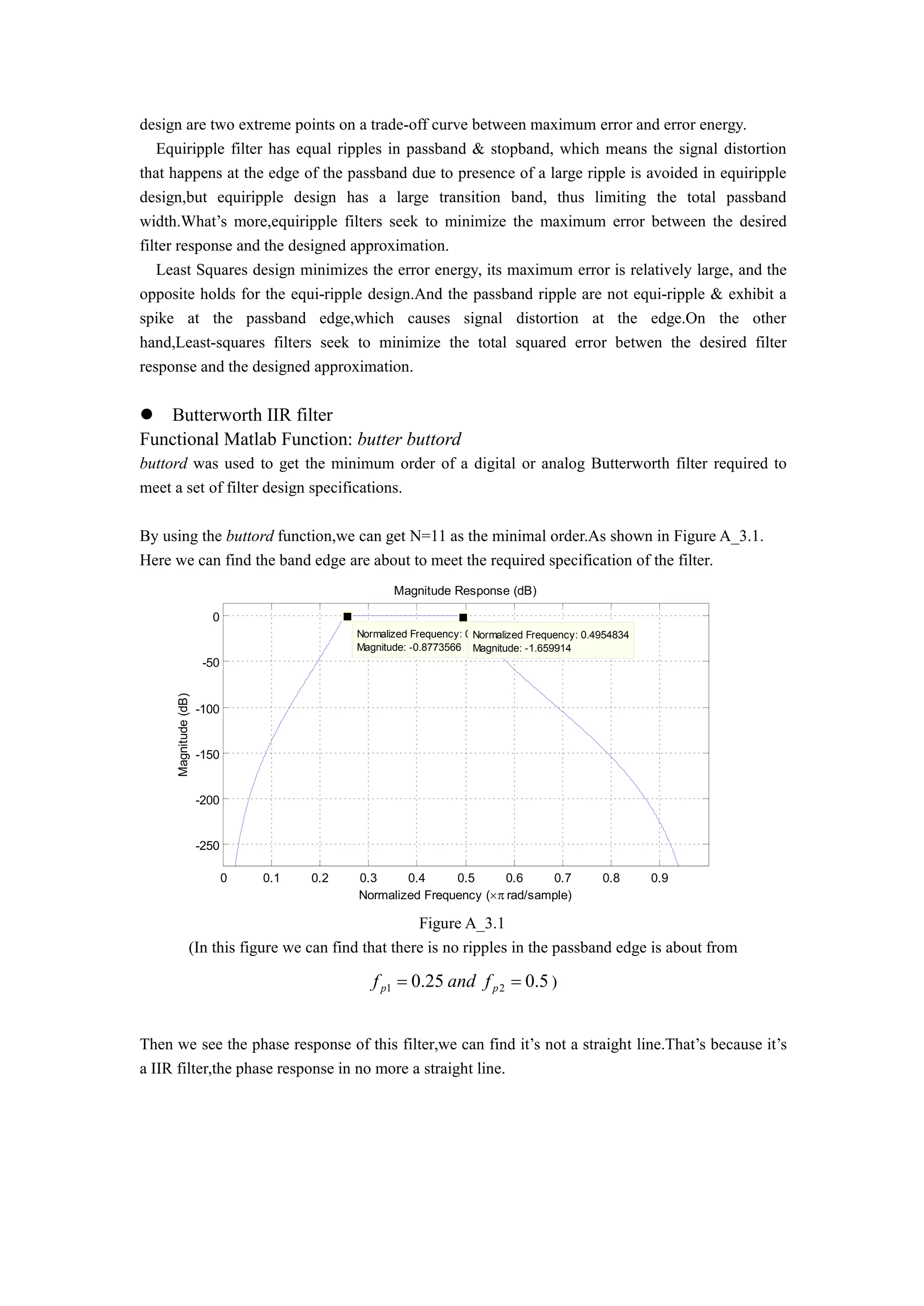 design are two extreme points on a trade-off curve between maximum error and error energy.
Equiripple filter has equal ripples in passband & stopband, which means the signal distortion
that happens at the edge of the passband due to presence of a large ripple is avoided in equiripple
design,but equiripple design has a large transition band, thus limiting the total passband
width.What’s more,equiripple filters seek to minimize the maximum error between the desired
filter response and the designed approximation.
Least Squares design minimizes the error energy, its maximum error is relatively large, and the
opposite holds for the equi-ripple design.And the passband ripple are not equi-ripple & exhibit a
spike at the passband edge,which causes signal distortion at the edge.On the other
hand,Least-squares filters seek to minimize the total squared error betwen the desired filter
response and the designed approximation.
 Butterworth IIR filter
Functional Matlab Function: butter buttord
buttord was used to get the minimum order of a digital or analog Butterworth filter required to
meet a set of filter design specifications.
By using the buttord function,we can get N=11 as the minimal order.As shown in Figure A_3.1.
Here we can find the band edge are about to meet the required specification of the filter.
0 0.1 0.2 0.3 0.4 0.5 0.6 0.7 0.8 0.9
-250
-200
-150
-100
-50
0
Normalized Frequency: 0.2562256
Magnitude: -0.8773566
Normalized Frequency: 0.4954834
Magnitude: -1.659914
Normalized Frequency ( rad/sample)
Magnitude(dB)
Magnitude Response (dB)
Figure A_3.1
(In this figure we can find that there is no ripples in the passband edge is about from
5.025.0 21  pp fandf )
Then we see the phase response of this filter,we can find it’s not a straight line.That’s because it’s
a IIR filter,the phase response in no more a straight line.
 