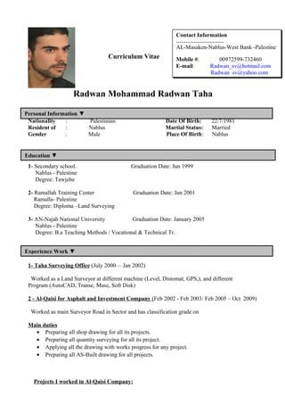 Radwan Mohammad Radwan Taha
Nationality : Palestinian Date Of Birth: 22/7/1981
Resident of : Nablus Martial Status: Married
Gender : Male Place Of Birth: Nablus
1- Secondary school. Graduation Date: Jun 1999
Nablus - Palestine
Degree: Tawjehe
2- Ramallah Training Center Graduation Date: Jun 2001
Ramalla- Palestine
Degree: Diploma –Land Surveying
3- AN-Najah National University Graduation Date: January 2005
Nablus - Palestine
Degree: B.a Teaching Methods / Vocational & Technical Tr.
1- Taha Surveying Office (July 2000— Jan 2002)
Worked as a Land Surveyor at different machine (Level, Distomat, GPS,), and different
Program (AutoCAD, Transe, Mase, Soft Disk)
2 - Al-Qaisi for Asphalt and Investment Company (Feb 2002 - Feb 2003/ Feb 2005 – Oct 2009)
Worked as main Surveyor Road in Sector and has classification grade on
Main duties
• Preparing all shop drawing for all its projects.
• Preparing all quantity surveying for all its project.
• Applying all the drawing with works progress for any project.
• Preparing all AS-Built drawing for all projects.
Projects I worked in Al-Qaisi Company:
Contact Information
…………………………
AL-Masaken-Nablus-West Bank -Palestine
Mobile #: 00972599-732460
E-mail: Radwan_sv@hotmail.com
Radwan_sv@yahoo.com
Curriculum Vitae
Personal Information ▼
Education ▼
Experience Work ▼
 