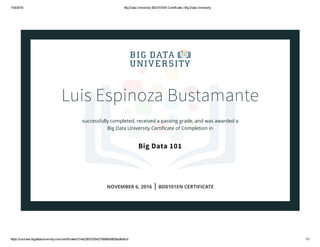 11/6/2016 Big Data University BD0101EN Certificate | Big Data University
https://courses.bigdatauniversity.com/certificates/314e23b57d3542168afbb9626ad6a5cd 1/1
Luis Espinoza Bustamante
successfully completed, received a passing grade, and was awarded a
Big Data University Certiﬁcate of Completion in
Big Data 101
NOVEMBER 6, 2016 | BD0101EN CERTIFICATE
 