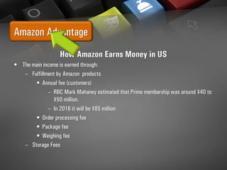 Amazon Advantage
How Amazon Earns Money in US
• The main income is earned through:
– Fulfillment by Amazon products
• Annual fee (customers)
– RBC Mark Mahaney estimated that Prime membership was around $40 to
$50 million.
– In 2016 it will be $85 million
• Order processing fee
• Package fee
• Weighing fee
– Storage Fees
 