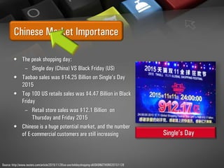 Chinese Market Importance
• The peak shopping day:
– Single day (China) VS Black Friday (US)
• Taobao sales was $14.25 Billion on Single’s Day
2015
• Top 100 US retails sales was $4.47 Billion in Black
Friday
– Retail store sales was $12.1 Billion on
Thursday and Friday 2015
• Chinese is a huge potential market, and the number
of E-commercial customers are still increasing
Source: http://www.reuters.com/article/2015/11/28/us-usa-holidayshopping-idUSKBN0TH0R020151128
Single’s Day
 