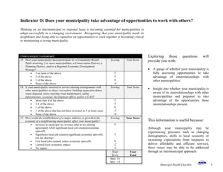 Indicator D: Does your municipality take advantage of opportunities to work with others?
Intermunicipal Involvement
15. Does your municipality have/participate in: a Community Round
Table involving 2 or more municipalities, a Conservation District, a
Planning District, and/or a Regional Economic Development
Strategy?
Scoring Your Score
• 3 or more of the above 5
• 2 of the above 3
• 1 of the above 0
• None of the above -4
16. Is your municipality involved in service sharing arrangements with
other municipalities to share: recreation, building inspection duties,
waste disposal, snow clearing/ road maintenance, utility
infrastructure, economic development officer and/or a CAO?
Scoring Your Score
• More than 4 of the above 5
• 2-4 of the above 3
• 1 of the above 0
• 1 of the above that has not been reviewed in 5 or more years -2
• None of the above -4
17. How would the establishment of a major industry or growth in the
economy of a neighbouring municipality affect your municipality?
Scoring Your Score
• Increase in municipal tax revenue (due to tax sharing
agreement) AND significant local job creation/economic
spin-offs
5
• Significant local job creation/significant economic spin-offs
(no tax sharing)
3
• Few local jobs created, minor economic spin-offs 0
• Limited local economic impact -2
• No impact -4
Total
Score
Your
Total
Max: 15
Min: -12
Thinking on an intermunicipal or regional basis is becoming essential for municipalities to
adapt successfully to a changing environment. Recognizing that your municipality needs its
neighbours and being able to capitalize on opportunities to work together is becoming critical
to maintaining a strong municipality.
Exploring these questions will
provide you with:
• A gauge of whether your municipality is
fully accessing opportunities to take
advantage of interrelationships with
other municipalities.
• Insight into whether your municipality is
aware of its interrelationships with other
municipalities and prepared to take
advantage of the opportunities these
interrelationships present.
This information is useful because:
Although your municipality may be
experiencing pressures such as changing
demographics, shifts in local economy or
increasing expectations from taxpayers to
deliver affordable and efficient services,
these issues may be able to be addressed
through an intermunicipal approach.
Municipal Health Checklist 5
 