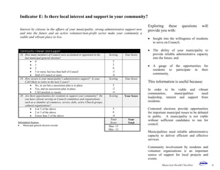 Indicator E: Is there local interest and support in your community?
Community Interest and Support
18. How many members of Council were acclaimed or appointed in the
last municipal general election?
Scoring Your Score
• 0 5
• 1 3
• 2 0
• 3 or more, but less than half of Council -2
• Half of Council or more -4
19. How secure is your municipality’s administrative support? Is your
CAO likely to retire in the next 3 years?
Scoring Your Score
• No, or yes but a succession plan is in place 5
• Yes, and no succession plan in place -2
• CAO position is vacant -4
20. Are there opportunities for residents to support your community? Do
you have citizens serving on Council committees and organizations
such as a chamber of commerce, service clubs, active Church groups,
cultural organizations?
Scoring Your Score
• 4 or 5 of the above 5
• 2 or 3 of the above 0
• Fewer than 2 of the above -4
Total
Score
Your
Total
Max: 15
Min: -12
Interest by citizens in the affairs of your municipality, strong administrative support now
and into the future and an active volunteer/non-profit sector make your community a
viable and vibrant place to live.
Exploring these questions will
provide you with:
• Insight into the willingness of residents
to serve on Council;
• The ability of your municipality to
provide reliable administrative capacity
into the future; and
• A gauge of the opportunities for
residents to participate in their
community.
This information is useful because:
In order to be viable and vibrant
communities, municipalities need
leadership, interest and support from
residents.
Contested elections provide opportunities
for important municipal issues to be debated
in public. A municipality is not viable
without sufficient candidates to run for
council.
Municipalities need reliable administrative
capacity to deliver efficient and effective
services.
Community involvement by residents and
volunteer organizations is an important
source of support for local projects and
events.
Municipal Health Checklist 6
Information Sources:
• Municipal general election records
 