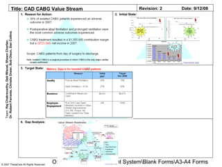 O:ThedaCare Improvement SystemBlank FormsA3-A4 Forms© 2007 ThedaCare All Rights Reserved
Title: CAD CABG Value Stream Revision: 2 Date: 9/12/08
2. Initial State:1. Reason for Action:
3. Target State:
4. Gap Analysis:
Team:RajChakravarthy,DebWisnet,ShawnChartier,
Dr.RobertFerrante,ChristieDreier,BobOlson,DanCollins
 