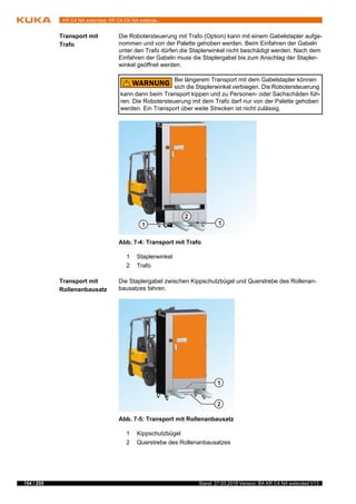 154 / 255 Stand: 27.03.2018 Version: BA KR C4 NA extended V13
KR C4 NA extended; KR C4 CK NA extende...
Transport mit
Trafo
Die Robotersteuerung mit Trafo (Option) kann mit einem Gabelstapler aufge-
nommen und von der Palette gehoben werden. Beim Einfahren der Gabeln
unter den Trafo dürfen die Staplerwinkel nicht beschädigt werden. Nach dem
Einfahren der Gabeln muss die Staplergabel bis zum Anschlag der Stapler-
winkel geöffnet werden.
Transport mit
Rollenanbausatz
Die Staplergabel zwischen Kippschutzbügel und Querstrebe des Rollenan-
bausatzes fahren.
Bei längerem Transport mit dem Gabelstapler können
sich die Staplerwinkel verbiegen. Die Robotersteuerung
kann dann beim Transport kippen und zu Personen- oder Sachschäden füh-
ren. Die Robotersteuerung mit dem Trafo darf nur von der Palette gehoben
werden. Ein Transport über weite Strecken ist nicht zulässig.
Abb. 7-4: Transport mit Trafo
1 Staplerwinkel
2 Trafo
Abb. 7-5: Transport mit Rollenanbausatz
1 Kippschutzbügel
2 Querstrebe des Rollenanbausatzes
 