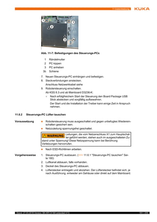 181 / 255Stand: 27.03.2018 Version: BA KR C4 NA extended V13
11 Instandsetzung
7. Neuen Steuerungs-PC einhängen und befestigen.
8. Steckverbindungen anstecken.
Anschluss Netzwerkkabel siehe
9. Robotersteuerung einschalten.
Ab KSS 8.3 und ab Mainboard D3236-K:
 Nach erfolgfreichem Start der Steuerung den Board Package USB
Stick abstecken und sorgfältig aufbewahren.
Der Start und die Installation der Treiber kann einige Zeit in Anspruch
nehmen.
11.6.2 Steuerungs-PC Lüfter tauschen
Voraussetzung  Robotersteuerung muss ausgeschaltet und gegen unbefugtes Wiederein-
schalten gesichert sein.
 Netzzuleitung spannungsfrei geschaltet.
 Nach ESD-Richtlinien arbeiten.
Vorgehensweise 1. Steuerungs-PC ausbauen. (>>> 11.6.1 "Steuerungs-PC tauschen" Sei-
te 180)
2. Luftkanal abbauen, falls vorhanden.
3. Deckel des Steuerungs-PC abbauen.
4. Lüfterstecker entriegeln und abziehen. Der Lüfterstecker befindet sich, je
nach Ausführung, entweder am Gehäuse oder direkt auf dem Mainboard.
Abb. 11-7: Befestigungen des Steuerungs-PCs
1 Rändelmutter
2 PC kippen
3 PC anheben
3b Schiene
Leitungen, die vom Netzanschluss X1 zum Hauptschal-
ter geführt werden, stehen auch im ausgeschalteten Zu-
stand unter Spannung! Diese Netzspannung kann bei Berührung
Verletzungen hervorrufen.
 