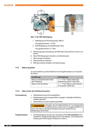 200 / 255 Stand: 27.03.2018 Version: BA KR C4 NA extended V13
KR C4 NA extended; KR C4 CK NA extende...
5. RDC-Baugruppe vorsichtig aus der RDC-Box herausnehmen ohne zu ver-
kanten.
6. Neue RDC-Baugruppe einsetzen und festschrauben.
7. Alle Leitungen anstecken.
8. EDS-Anschluss anstecken.
9. RDC-Box Deckel schließen und festschrauben.
11.8 Akkus tauschen
Je nach Ausführung unterscheidet sich die Vorgehensweise zum Tauschen
der Akkus:
11.8.1 Akkus hinter dem Kühlkanal tauschen
Voraussetzung  Robotersteuerung ist heruntergefahren.
 Robotersteuerung ist ausgeschaltet und gegen unbefugtes Wiederein-
schalten gesichert.
 Netzzuleitung ist spannungsfrei geschaltet.
Vorgehensweise 1. Die Robotersteuerung über den Hauptmenü-Punkt Herunterfahren her-
unterfahren. [Weitere Informationen sind in der Bedien- und Programmier-
anleitung der KUKA System Software zu finden.]
Abb. 11-29: RDC Befestigung
1 Befestigung der RDC-Baugruppe: M6x10
Anzugsdrehmoment : 2,0 Nm
2 EDS-Befestigung: Kunststoffmuttern M2,5
Anzugsdrehmoment: 0,1 Ncm
Ausführung Informationen
Akkus im Schrankinneren hinter
dem Kühlkanal
(>>> 11.8.1 "Akkus hinter dem
Kühlkanal tauschen" Seite 200)
Akkus in der Schranktür (>>> 11.8.2 "Akkus in der Schrank-
tür tauschen" Seite 203)
Leitungen, die vom Netzanschluss X1 zum Hauptschal-
ter geführt werden, stehen auch im ausgeschalteten Zu-
stand unter Spannung! Diese Netzspannung kann bei Berührung
Verletzungen hervorrufen.
 