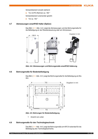 41 / 255Stand: 27.03.2018 Version: BA KR C4 NA extended V13
4 Technische Daten
Schwenkbereich einzeln stehend:
 Tür mit PC-Rahmen ca. 180 °
Schwenkbereich aneinander gereiht:
 Tür ca. 155 °
4.7 Abmessungen smartPAD Halter (Option)
Das Bild (>>> Abb. 4-4 ) zeigt die Abmessungen und die Bohrungsmaße für
die Befestigung an der Robotersteuerung oder am Schutzzaun.
4.8 Bohrungsmaße für Bodenbefestigung
Das Bild (>>> Abb. 4-5 ) zeigt die Borhrungsmaße für die Befestigung am Bo-
den.
4.9 Bohrungsmaße für den Technologieschrank
Das Bild (>>> Abb. 4-6 ) zeigt die Bohrungsmaße am KR C4 extended für die
Befestigung des Technologieschranks.
Abb. 4-4: Abmessungen und Bohrungsmaße smartPAD Halterung
Abb. 4-5: Bohrungen für Bodenbefestigung
1 Ansicht von unten
 