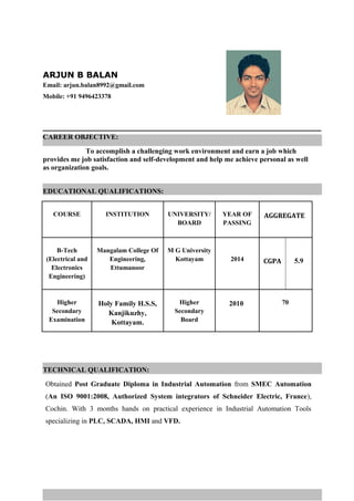 ARJUN B BALAN
Email: arjun.balan8992@gmail.com
Mobile: +91 9496423378
CAREER OBJECTIVE:
To accomplish a challenging work environment and earn a job which
provides me job satisfaction and self-development and help me achieve personal as well
as organization goals.
EDUCATIONAL QUALIFICATIONS:
COURSE INSTITUTION UNIVERSITY/
BOARD
YEAR OF
PASSING
AGGREGATE
B-Tech
(Electrical and
Electronics
Engineering)
Mangalam College Of
Engineering,
Ettumanoor
M G University
Kottayam 2014 CGPA 5.9
Higher
Secondary
Examination
Holy Family H.S.S,
Kanjikuzhy,
Kottayam.
Higher
Secondary
Board
2010 70
TECHNICAL QUALIFICATION:
Obtained Post Graduate Diploma in Industrial Automation from SMEC Automation
(An ISO 9001:2008, Authorized System integrators of Schneider Electric, France),
Cochin. With 3 months hands on practical experience in Industrial Automation Tools
specializing in PLC, SCADA, HMI and VFD.
 