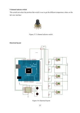 22
5 channel selector switch
This switch can select the position that switch is use to get the different temperature values on the
lab view interface
Electrical layout
Figure 17: 5 channel selector switch
Figure 18: Electrical layout
 
