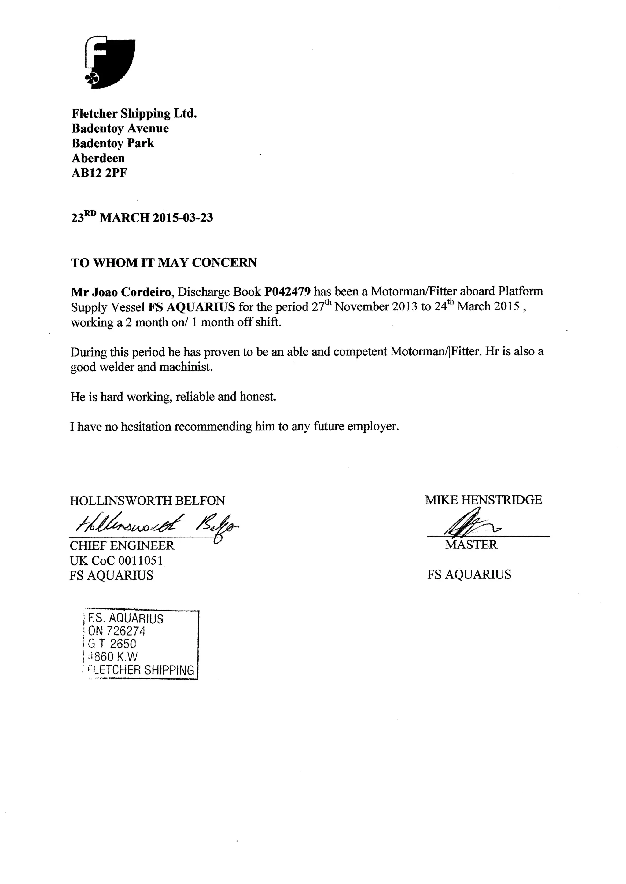 Delivery Reference Sample Reference letter(Fletcher shipping) | PDF