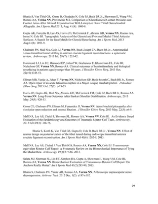 29
Bhatia S, Van Thiel GS, Gupta D, Ghodadra N, Cole BJ, Bach BR Jr., Shewman E, Wang VM,
Romeo AA, Verma NN, Provencher MT. Comparison of Glenohumeral Contact Pressures and
Contact Areas After Glenoid Reconstruction With Latarjet or Distal Tibial Osteochondral
Allografts. Am J Sports Med 2013, Aug; 41(8): 1900-8.
Gupta AK, Forsythe B, Lee AS, Harris JD, McCormick F, Abrams GD, Verma NN, Roemo AA,
Inoue N, Cole BJ. Topographic Analysis of the Glenoid and Proximal Medial Tibial Articular
Surfaces: A Search for the Ideal Match for Glenoid Resurfacing. Am J Sports Med, 2013
Aug;41(8): 1893-9.
Chalmers PN, Mall NA, Cole BJ, Verma NN, Bush-Joseph CA, Bach BR Jr., Anteromedial
versus transtibial tunnel drilling in anterior cruciate ligament reconstructions: a systematic
review. Arthroscopy. 2013 Jul; 29 (7): 1235-42.
Hammond LJ, Lin EC, Harwood DP, JuhanTW, Gochanour E, Klosterman EL, Cole BJ,
Nicholson GP, Verma NN, Romeo AA. Clinical outcomes of hemiarthroplasty and biological
resurfacing in patients aged younger than 50 years. J Shoulder Elbow Surg, 2013 Oct;
22(10):1345-51.
Ellman MB, Yanke A, Juhan T, Verma NN, Nicholson GP, Bush-Joseph C, Bach BR Jr., Romeo
AA. Open repair of an acute latissimus rupture in a Major League Baseball pitcher. J Shoulder
Elbow Surg, 2013 Jul; 22(7): e-19-23.
Harris JD, Gupta AK, Mall NA, Abrams GD, McCormick FM, Cole BJ, Bach BR Jr, Romeo AA,
Verma NN. Long-Term Outcomes After Bankart Shoulder Stabilization. Arthroscopy, 2013
May; 29(5): 920-33.
Gross CE, Chalmers PN, Ellman M, Fernandez JJ, Verma NN. Acute brachial plexopathy after
clavicular open reduction and internal fixation. J Shoulder Elbow Surg, 2013 May; 22(5): e6-9.
Mall NA, Lee AS, Chalal J, Sherman SL, Romeo AA, Verma NN, Cole BJ. An Evidence Based
Evaluation of the Epidemiology and Outcomes of Traumatic Rotator Cuff Tears. Arthroscopy,
2013 Feb;29(2): 366-76.
Bhatia S, Korth K, Van Thiel GS, Gupta D, Cole B, Bach BR Jr., Verma NN. Effect of
reamer design on posteriorization of the tibial tunnel during endoscopic transtibial anterior
cruciate ligament reconstruction. Am J Sports Med 41(6):1282-9, 2013.
Mall NA, Lee AS, Chahal J, Van Thiel GS, Romeo AA, Verma NN, Cole BJ. Transosseous-
equivalent Rotator Cuff Repair: A Systematic Review on the Biomechanical Importance of Tying
the Medial Row. Arthroscopy 29(2):377-86, 2013.
Salata MJ, Sherman SL, Lin EC, Sershon RA, Gupta A, Shewman E, Wang VM, Cole BJ,
Romeo AA, Verma NN. Biomechanical Evaluation of Transosseous Rotator Cuff Repair: Do
Anchors Really Matter? Am J Sports Med 41(2):283-90, 2013.
Bhatia S, Chalmers PN, Yanke AB, Romeo AA, Verma NN. Arthroscopic suprascapular nerve
decompression. Arthrosc Tech. 2012 Dec, 1(2): e187-e192.
 