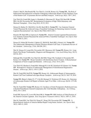31
Chalal J, Mall N, MacDonald PB, Van Thiel G, Cole BJ, Romeo AA, Verma NN. The Role of
Subacromial Decompression in Patients Undergoing Arthroscopic Repair of Full-Thickness Tears
of the Rotator Cuff: A Systematic Review and Meta-Analysis. Arthroscopy 28(5): 720-7, 2012.
Van Thiel GS, Frank RM, Gupta A, Ghodadra N, Shewman EF, Wang VM, Bach BR, Verma
NN, Cole BJ, Provencher MT. Biomechanical Evaluation of High Tibial Osteotomy with
Meniscal Transplant. J Knee Surg 24(1): 45-53, 2011.
Strauss EJ, Barker JU, McGill K, Cole BJ, Bach BR Jr, Verma NN. Can Anatomic Femoral
Tunnel Placement Be Achieved Using a Transtibial Technique for Hamstring Anterior Cruciate
Ligament Reconstruction? Am J Sports Med 39(6):1263-9, 2011.
Piasecki DP, Bach BR Jr, Espinoza O, Verma NN. Anterior Cruciate Ligament Reconstruction:
Can Anatomic Femoral Placement Be Achieved With a Transtibial Technique? Am J Sports Med
39(6): 1306-15, 2011.
Strauss EJ, Salata MJ, Kercher J, Barker JU, McGill K, Bach BR Jr, Romeo AA, Verma NN.
The Arthroscopic Management of Partial-Thickness Rotator Cuff Tears: A Systematic Review of
the Literature. Arthroscopy, 27(4): 568-580, 2011.
Nho SJ, Strauss EJ, Lenart BA, Provencher MT, Mazzocca AD, Verma NN, Romeo AA. Long
Head of the Biceps Tendinopathy: Diagnosis and Management. J Am Acad Orthop Surg, 18(11):
645-56, 2011.
Slabaugh MA, Frank RM, Van Thiel GS, Bell RM, Wang VM, Trenhaile S, Provencher MT,
Romeo AA, Verma NN. Biceps Tenodesis with Interference Screw Fixation: A Biomechanical
Comparison of Screw Length and Diameter. Arthroscopy, 27(2): 161-6, 2011.
Van Thiel GS, Sheehan S, Frank RM, Slabaugh M, Cole BJ, Nicholson GP, Romeo AA, Verma
NN. Retrospective Analysis of Arthroscopic Management of Glenohumeral Degenerative
Disease. Arthroscopy, 26(11): 1451-5, 2010.
Nho SJ, Frank RM, Reiff SN, Verma NN, Romeo AA. Arthroscopic Repair of Anterosuperior
Rotator Cuff Tear Combined with Open Biceps Tenodesis. Arthroscopy 26(12): 1667-74, 2010.
Verma NN, Bhatia S, Baker CL 3rd
, Cole BJ, Boniquit N, Nicholson GP, Romeo AA. Outcomes
of Arthroscopic Rotator Cuff Repair in Patients Aged 70 or Older. Arthroscopy 26(10): 1273-80,
2010.
Nho SJ, Frank RM, Verma NN, Romeo AA. Incidence of Early Postoperative Radiolucent Lines
in Keeled Polyethlyene Glenoid Components after Total Shoulder Arthroplasty. Am J Orthop,
39(7), 333-7, 2010.
Frank RM, Seroyer ST, Lewis PB, Bach BR Jr, Verma NN. MRI Analysis of Tibial Position of
the Anterior Cruciate Ligament. Knee Surg Sports Traumatol Arthrosc 18(11): 1607-11, 2010.
Nho SJ, Frank RM, Van Thiel GS, Wang FC, Wang VM, Provencher MT, Verma NN. A
Biomechanical Analysis of Anterior Bankart Repair Using Suture Anchors. Am J Sports Med,
38(7): 1405-12, 2010.
 