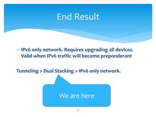  IPv6 only network. Requires upgrading all devices.
Valid when IPv6 traffic will become preponderant
Tunneling > Dual Stacking > IPv6 only network.
End Result
23
We are here
 