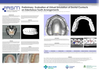 Preliminary Evaluation of Virtual Simulation of Dental Contacts
on Edentulous Tooth Arrangements
Carolyn Kincade, Fari Karimi-Boushehri, Daniel Alto, Kieran Armstrong , Ian Stavness, Martin Osswald, Suresh Nayar, John Wolfaardt
Excursion	 Virtual	islands Analogue	Islands	 Common	Islands Virtual	Cusp	Surface Analogue		Cusp	Surface Common	Cusp	Surface
3.00_4.00	Right	 2 2 2 2 2 2
METHODS
A	denture	set	up	was	completed	in	the	conventional	manner	and	verified	clinically.	The	
occlusal	contacts	were	evaluated	using		conventional	articulating	paper.	The	analogue	
occlusal	markings	were	then	compared	against	results	achieved	with	the	Artisynth as	
described	by	Stavness,	et	al.	(2015).
The	maxillary	and	mandibular	denture	set	up	was	articulated	and	mounted	(fig.	1)	and	a	
conventional	articulator	(Hanau™	Modular	Articulator:	Whip	Mix	Corp	Louisville,	KY	USA).	
The	mounted	casts	were	scanned	(ShapeGrabber Inc,	Ottawa	ON)	and	transferred	to	
Artisynth (fig.	2).	To	complete	the	comparison	a	process	was	developed	to	digitize	the	
conventionally	obtained	occlusal	markings	and	transfer	them	in	the	virtual	planning	
software	(Magics:	Materialise Technologielaan,	Leuven	Belgium).	The	conventional	
occlusal	contact	points	were	identified	using	occlusal	ribbon	in	the	conventional	manner	
(figs.	3	&	4).	The	occlusal	ribbon	markings	were	waxed,	extruding	the	marked	area	to	
increase	the	height	while	maintaining	the	width	and	integrity	of	the	marking	(fig.	5).	The	
extruded	markings	or	occlusal	islands	were	scanned,	resulting	in	digital	islands	which	
correspond	to	the	occlusal	contacts	obtained	with	the	articulating	paper	(fig.	6).
Lateral	and	protrusive	excursions	were	divided	into	individual	millimeter	increments	on	
the	conventional	articulator.	The	articulator	was	scanned	at	the	start	position	to	the	end	
of	the	excursive	movement	(stop	position).	
Comparison	of	the	conventional	occlusal	contacts	points	and	those	obtained	with	the	
Artisynth were	completed	utilizing	Magics (Materialise Technologielaan,	Leuven	Belgium).	
Occlusal	contacts	areas	were	then	compared	by	identifying	and	comparing	the	virtual	and	
analogue	islands	obtained	with	the	respective	articulators.	The	number	of	virtual	islands	
and	analogue	islands,	common	islands,		the	virtual	and	analogue	cusp	surface	areas,	and	
common	cusp	surface	areas	were	then	recorded	(Table	1).	
RESULTS
The	conventional	articulator	identified	two	contact	points	or	islands,	one	on	tooth	16	and	
one	on	tooth	17	(fig.	4).	The	Artisynth identified	two	contact	points	on	the	16	and	one	on	
the	17	(fig.	7).	The	numbers	of	virtual,	analog	and	common	islands	were	the	same	on	each	
articulator.	Each	tooth	was	divided	into	quadrants;	the	mesio-buccal	cusp,	diso-buccal	
cusp,	mesio-lingual	cusp	and	disto-buccal	cusp	(figs.	8	&	9).	The	cusp	surface	areas	were	
also	calculated.	Both	articulators	identified	two	cusp	surface	areas	on	the	16	and	17	disto-
lingual	cusps.	The	Artisynth and	the	conventional	articulator	had	common	occlusal	islands	
and	common	cuspal surfaces	areas.
INTRODUCTION
A	dental	articulator	is	a	device	used	by	dental	technicians	to	which	casts	of	a	patient’s	
maxilla	and	mandible	are	related	and	fixed	as	recorded	by	a	clinician	during	a	jaw	relation	
recording	(JRR).	The	articulator	is	used	to	achieve	reproducible	jaw	positions	and	
postures,	and	to	evaluate	function.
Traditional	methods	are	extremely	manual,	as	tasks	are	performed	by	hand	while	
evaluations	are	done	by	eye.	The	creation	of	a	digital	articulator	can	enhance	the	ability	
for	technicians	to	utilize	digital	pathways.	Computer	Aided	Design	(CAD)	can	measure	and	
evaluate	fabrication	steps	throughout	the	process,	creating	more	consistent	results	which	
better	adherence	to	clinical	standards.	When	fabricating	complete	upper	and	lower	
dentures,	CAD	can	be	a	useful	tool;	the	addition	of	a	virtual	articulator	would	allow	the	
user	to	digitally	perform	dynamic	jaw	excursions	and	make	digital	rather	than	manual	
adjustments.	The	development	of	a	digital	articulator	could	allow	full	digital	denture	
setups	and	fabrication	to	be	completed	and	evaluated	with	reduced	need	for	
conventional	laboratory	methods.	
Stavness et	al.	(2015)		demonstrated	accurate	occlusal	contact	areas	in	fully	dentate	casts	
while	using	a	digital	articulator	based	on	a	biomechanical	modelling	software,	Artisynth.	
The	application	of	the	Artisynth could	be	of	great	benefit	in	the	fabrication	of	dental	
prostheses		with	the	potential	to	decrease	fabrication	times,	provide	patients	and	
clinicians	with	more	reliable	outcomes,	fewer	manual	adjustments,	and	reduced	
treatment	time.	
OBJECTIVE
The	aim	of	this	pilot	project	was	to	validate	the	occlusal	contact	points	detected	by	the	
Artisynth with	occlusal	contacts	identified	by	a	conventional	articulator	on	a	complete	
upper	and	lower	denture	tooth	arrangement.	
DISCUSSION
Preliminary	comparisons	suggest	that	results	achieved	with	the	Artisynth match	those	observed	with	the	conventional	
articulator.	The	comparisons	were	done	visually	and	will	need	to	be	calculated	in	the	future	to	determine	if	the	occlusal	contact	
points	are	identical.	The	Artisynth depends	on	the	accurate	JRR’s	alignment	of	the	maxillary	and	mandibular	casts	as	any	error	
would	be	perpetuated	in	Artisynth.	
CONCLUSION
The	digital	articulator	can	enable	technicians	to	utilize	digital	pathways	in	the	fabrication	of	dental	prostheses.	The	results	of	this	
study	suggest	that	the	Artisynth based	virtual	articulator	could	be	a	viable	tool	in	fabrication	of	edentulous	dentures,	eliminating	
many	analogue	steps	and	simulating	them	digitally.
Further	research	and	evaluation	is	required	to	develop	understanding	of	the	program	capabilities	and	role	of	the	Artisynth
in	dental	prosthesis	fabrication.	
REFRENCES
Guess	,	P.	C.,	Vagkopoulou,	T.,	Zhang,	Y.,	Wolkewitz,	M.,	&	Strub,	J.	R.	(2014).	Marginal	and	internal	fit	of	heat	presses	versus	CAD/CAM	fabricated	all-ceramic	onlays after	exposure	to	thermo-mechanical	fatigue.	Journal	of	Dentistry,	199-209.
Katsoulis,	J.	M.-S.	(2013).	In	vitro	precision	of	fit	of	computer-aided	design	and	computer-aided	manufacturing	titanium	and	zirconia	dioxide	bars.	Dental	material:	official	publication	of	the	Academy	of	Dental	Materials,	945-953.
Lin,	W.	S.,	Harris,	B.	T.,	Ozdemir,	E.,	&	Morton,	D.	(2013).	Maxillary	rehabilitation	with	a	CAD/CAM	fabricated,	long-term	interim	and	anatomic	contour	definitive prosthesis	with	a	digital	workflow:	A	clinical	report.	Journal	of	Prosthetic	Dentistry,	1-7.
Qadeer,	S.,	Kerstein,	R.,	Kim,	R.	J.,	Huh,	J.-B.,	&	Shin,	S.-W.	(2012,	February).	Relationship	between	articulation	paper	mark	size	and	percentage	of	force	measured	with	computerized	occlusal	analysis.	Advanced	Prosthodontics,	7-12.
Rudolph,	H.,	Lutthardt,	R.	G.,	&	Walter,	M.	H.	(2007).	Computer-aided	analysis	of	the	influence	of	digitizing	and	surfacing	on	the	accuracy	in	dental	CAD/CAM	technology.	Computers	in	Biology	and	Medicine,	579-587.
Stavness,	I.	K.,	Hannam,	A.	G.,	Tobias,	D.	L.,	&	Zhang,	X.	(2015).	Simulation	of	dental	collisions	and	occlusal	dynamics	in	the	virtual	environment	.	Oral	Rehabilitation,	1-10.
Toledo,	M.	F.,	Joias,	R.	P.,	Marquesiasi,	Y.	S.,	Neves,	C.,	&	Rode,	S.	d.	(2014).	Thickness	and	marking	quality	of	different	occlusal	contact	registration	strips.	Applied	Oral	Science,	516-521.
Wu,	T.,	Liao,	W.,	&	Tang,	C.	(2010).	Design	of	a	custom	angles	abutment	for	dental	implants	using	computer-aided	design	and	nonlinear	finite	element	analysis.	 Journal	of	Biomechanics,	1941-1946.
Fig. 1 Fig. 2
Fig. 9Fig. 8
Fig. 3 Fig. 5Fig. 4
Fig. 6 Fig. 7
Table 1
 