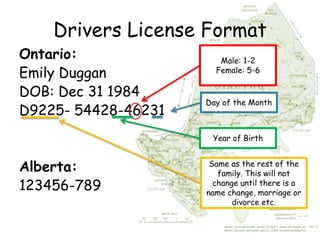 Drivers License Format
Ontario:
Emily Duggan
DOB: Dec 31 1984
D9225- 54428-46231
Alberta:
123456-789
Male: 1-2
Female: 5-6
Day of the Month
Year of Birth
Same as the rest of the
family. This will not
change until there is a
name change, marriage or
divorce etc.
 