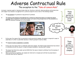 Adverse Contractual Rule
The exception to the “Take all comers Rule”
An insurer, insurance agent or insurance broker shall not, directly or indirectly, take any adverse contractual action
with respect to an insured or an applicant for a contract except for one or more of the following reasons:
A. The non-payment of a premium or any portion of a premium;
B. The failure of the insured or the applicant for a contract to inform the insurer or to keep the insurer
informed, where requested to do so by the insurer, as to who is the principal driver of the automobile for
which the insurance coverage is or is to be issued;
C. In the case of an insurer that is a provincial or extra-provincial company, the insurer is required to cease to
undertake or to offer to undertake insurance in Alberta pursuant to section 25(2);
D. The insurer’s license is suspended or cancelled.
E. In the case of an insurer that is a federally authorized company, the Federal Super Institutions has ordered
or otherwise directed the insurer to cease carrying on business or insuring risks in Canada;
F. The insurer has filed notice under section 611(3) that the insurer intends to withdraw from the business of
automobile insurance;
G. Where permitted by regulation, any reasons not referred to in clauses (a) to (f) that are prescribed or
otherwise described by regulation.
These
rules
pertain to
the actions
of the
client.
These
rules
pertain to
the actions
of the
company
Well, Maybe
not
Everything!
 