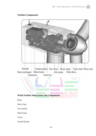 EEE – Project Report 2013 – Dr.M.G.R University
- 19 -
Turbine Components
Wind Turbine Subsystems and Components
Rotor
Drive Train
Yaw System
Main Frame
Tower
Control System
 