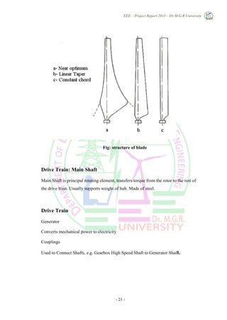 EEE – Project Report 2013 – Dr.M.G.R University
- 21 -
Fig: structure of blade
Drive Train: Main Shaft
Main Shaft is principal rotating element, transfers torque from the rotor to the rest of
the drive train. Usually supports weight of hub. Made of steel.
Drive Train
Generator
Converts mechanical power to electricity
Couplings
Used to Connect Shafts, e.g. Gearbox High Speed Shaft to Generator Shaft.
 