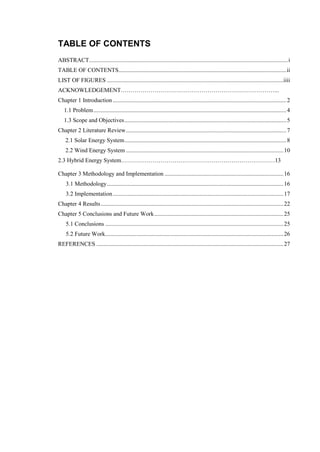 TABLE OF CONTENTS
ABSTRACT......................................................................................................................................i
TABLE OF CONTENTS.................................................................................................................ii
LIST OF FIGURES .......................................................................................................................iiii
ACKNOWLEDGEMENT……………………………………………………………………...
Chapter 1 Introduction.....................................................................................................................2
1.1 Problem..................................................................................................................................4
1.3 Scope and Objectives.............................................................................................................5
Chapter 2 Literature Review............................................................................................................7
2.1 Solar Energy System.............................................................................................................8
2.2 Wind Energy System ..........................................................................................................10
2.3 Hybrid Energy System……………………………………………………………………13
Chapter 3 Methodology and Implementation ................................................................................16
3.1 Methodology.......................................................................................................................16
3.2 Implementation...................................................................................................................17
Chapter 4 Results...........................................................................................................................22
Chapter 5 Conclusions and Future Work.......................................................................................25
5.1 Conclusions ........................................................................................................................25
5.2 Future Work........................................................................................................................26
REFERENCES ..............................................................................................................................27
 