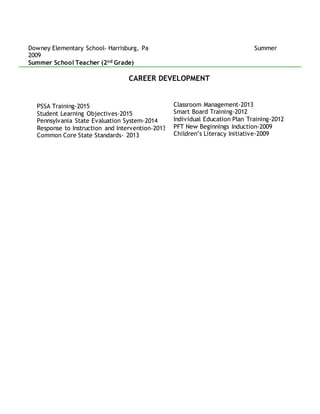 Downey Elementary School- Harrisburg, Pa Summer
2009
Summer School Teacher (2nd Grade)
CAREER DEVELOPMENT
PSSA Training-2015
Student Learning Objectives-2015
Pennsylvania State Evaluation System-2014
Response to Instruction and Intervention-2013
Common Core State Standards- 2013
Classroom Management-2013
Smart Board Training-2012
Individual Education Plan Training-2012
PFT New Beginnings Induction-2009
Children’s Literacy Initiative-2009
 