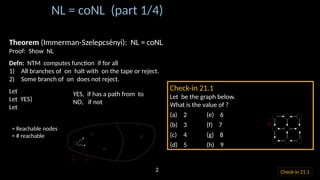 Theorem (Immerman-Szelepcsényi): NL = coNL
Proof: Show NL
Defn: NTM computes function if for all
1) All branches of on halt with on the tape or reject.
2) Some branch of on does not reject.
Let
Let YES}
Let
= Reachable nodes
= # reachable
YES, if has a path from to
NO, if not
Theorem: If some NL-machine (log-space NTM)
computes , then some NL-machine computes .
Proof: “On input
1. Let
2. For each node
3. If YES, then
4. If NO, then continue
5. Output ”
Next: Converse of above
𝐺
𝑠
𝑅
𝑐=¿𝑅∨¿
NL = coNL (part 1/4)
Check-in 21.1
Check-in 21.1
Let be the graph below.
What is the value of ?
(a) 2 (e) 6
(b) 3 (f) 7
(c) 4 (g) 8
(d) 5 (h) 9
𝑠
𝐺=¿
2
 