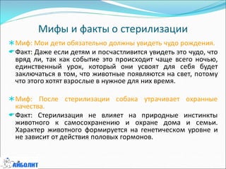 Мифы и факты о стерилизации
Миф: Мои дети обязательно должны увидеть чудо рождения.
Факт: Даже если детям и посчастливится увидеть это чудо, что
вряд ли, так как событие это происходит чаще всего ночью,
единственный урок, который они усвоят для себя будет
заключаться в том, что животные появляются на свет, потому
что этого хотят взрослые в нужное для них время.
Миф: После стерилизации собака утрачивает охранные
качества.
Факт: Стерилизация не влияет на природные инстинкты
животного к самосохранению и охране дома и семьи.
Характер животного формируется на генетическом уровне и
не зависит от действия половых гормонов.
 