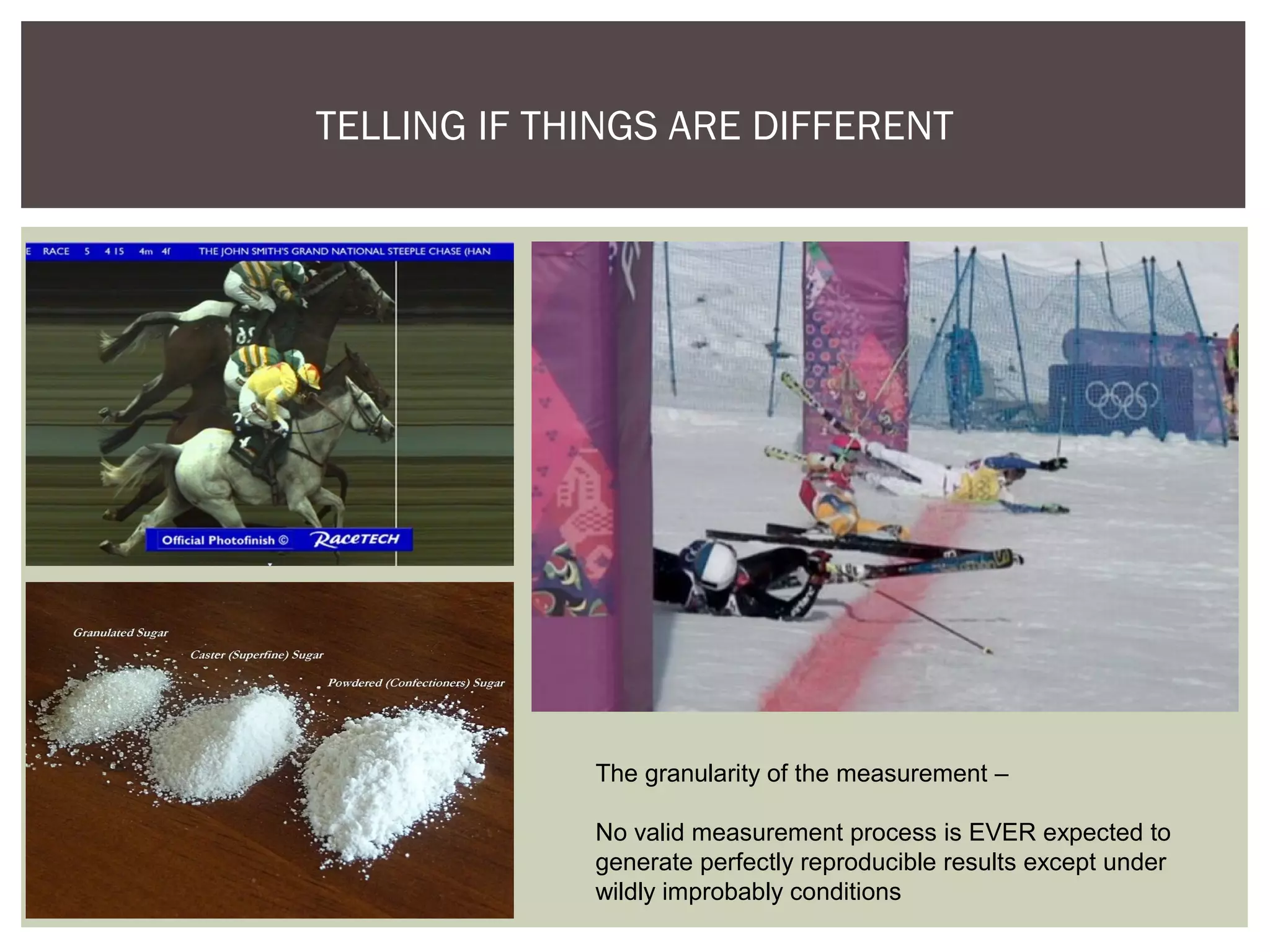 TELLING IF THINGS ARE DIFFERENT
The granularity of the measurement –
No valid measurement process is EVER expected to
generate perfectly reproducible results except under
wildly improbably conditions
 