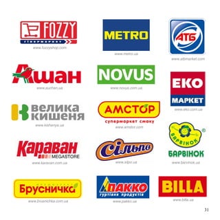 www.brusnichka.com.ua
www.karavan.com.ua
www.kishenya.ua
www.auchan.ua
www.fozzyshop.com
www.metro.ua
www.novus.com.ua
www.amstor.com
www.silpo.ua
www.pakko.ua www.billa.ua
www.barvinok.ua
www.eko.com.ua
www.atbmarket.com
31
 