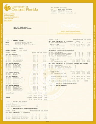 - - - - - Academic Program
Major College of Engr & Comp Sci
Mechanical Engineering
Minor International Engineering Minor
- - - - - Transfer Credits
Broward College FICE: 001500
Course__________ Title____________________ Earned______ Grde____ Typ___ Points_______
2012 Fall Semester
MAC 1140 Precalc Algebra 3.00 A 12.00
CGS 1060C CMPTR LIT W/LAB 3.00 A 12.00
ENC 1101 Composition I 3.00 A 12.00
AMH 2010 US HIST 1492-1865 3.00 A 12.00
SPC 1024 Oral Communication 3.00 A 12.00
MAC 1114 Col Trigonometry 3.00 A 12.00
2013 Spring Semester
AML 2010 AM LIT TO 1865 3.00 A 12.00
MAC 2311 CAL/ANAL GEOM I 5.00 C 10.00
CHM 1045 GEN CHEMISTRY I 3.00 B 9.00
CHM 1045L GEN CHEM I LAB 1.00 A 4.00
AMH 2020 US HIST 3.00 A 12.00
THE 2000 Theatre Survey 3.00 A 12.00
2013 Summer Semester
ENC 2210 TECH RPT WRIT 3.00 A 12.00
HLP 1081 WELLNESS 2.00 A 8.00
2013 Fall Semester
PHY 2048L GEN PHYSICS I LAB 1.00 A 4.00
ENC 1102 English Comp II 3.00 A 12.00
MAC 2312 Calc/Analytic Geom II 5.00 B 15.00
CHM 1046 GEN CHEM II 3.00 B 9.00
CHM 1046L GEN CHEMISTRY II 1.00 A 4.00
PHY 2048 GEN PHYSICS I 4.00 B 12.00
2014 Spring Semester
ENL 2012 BRIT LT:BEG AUG 3.00 A 12.00
MAC 2313 CALCULUS III 5.00 B 15.00
MAP 2302 DIFFERENTIAL EQS 3.00 B 9.00
PHY 2049 PHYSICS W/CALC II 4.00 A 16.00
PHY 2049L GENERAL PHYS LAB 1.00 A 4.00
School Totals Attempt Earned Points GPA
74.00 74.00 263.00 3.554
Totals Attempt Earned Points GPA
74.00 74.00 263.00 3.554
- - - - - Transfer Test Credits
Advanced Placement
POS 2041 AMERICAN NATIONAL GOVERNMENT 3.00 *
PSY 2012 GENERAL PSYCHOLOGY 3.00 *
- - - - - Beginning of UCF Undergraduate Record
Course________ Title____________________ Atmp____ Earne_____ Grde____ Typ___ Points_______
Fall 2014 (08/18/2014 to 12/09/2014)
DAA 2300 BALLROOM DANCE 2.00 2.00 A 8.000
EGN 3310 ENGINEERING ANALYSIS-STATICS 3.00 3.00 C 6.000
EGS 1006C INTRODUCTION TO THE ENG PROFES 1.00 1.00 A 4.000
STA 3032 PROBABILITY AND STAT FOR ENG 3.00 3.00 A 12.000
Course________ Title____________________ Atmp____ Earne_____ Grde____ Typ___ Points_______
Fall 2014 (08/18/2014 to 12/09/2014) (cont)
TPA 2230C COSTUME CONSTRUCTION 3.00 3.00 A 12.000
Totals for GPA Attempt Earned Points GPA
Term / UCF Cumulative 12.00 12.00 42.00 3.500
Term Honors: Dean's List
Spring 2015 (01/12/2015 to 05/05/2015)
EGM 3601 SOLID MECHANICS 3.00 3.00 C 6.000
EGN 1007C ENGINEERING CONCEPTS & METHODS 1.00 1.00 A 4.000
EGN 3365 STRUCTURE & PROP OF MATERIALS 3.00 3.00 B 9.000
EML 3217 ENG MECHANICS DYNAMICS 3.00 3.00 C 6.000
JPN 1121C ELE JAPANESE LANGUAGE & CIV II 4.00 4.00 A 16.000
Totals for GPA Attempt Earned Points GPA
Term 14.00 14.00 41.00 2.929
UCF Cumulative for GPA 26.00 26.00 83.00 3.192
Fall 2015 (08/24/2015 to 12/15/2015) (Current Term Courses)
EGN 3343 THERMODYNAMICS 3.00
EGN 3373 PRINCIPLES OF ELECTRICAL ENG 3.00
EML 3500 DES & ANALYSIS OF MACHINE COMP 3.00
JPN 2200 INT JAPANESE LANGUAGE & CIV I 3.00
Totals for GPA Attempt Earned Points GPA
Term 0.00 0.00 0.00 0.000
UCF Cumulative for GPA 26.00 26.00 83.00 3.192
Transfer Credits for GPA 74.00 74.00 263.00 3.554
Overall for GPA 100.00 100.00 346.00 3.460
* Total Credit Accepted Including Not for GPA : 106.00
- - - - - End of UCF Undergraduate Record
- - - - - END OF TRANSCRIPT
Date Printed: 08/27/2015
Name : Smith,Ramae Elizabeth
ID Number: xxx-xx-9464
Birthdate: 10/04/xxxx Gender: F
Residency: FL Resident for Tuition Calc
Send To: Ramae Smith
raesmith613@knights.ucf.edu
PAGE 1
-
CopyofOfficialTranscript
-
 