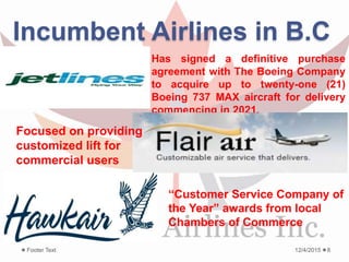 Incumbent Airlines in B.C
12/4/2015Footer Text 8
Has signed a definitive purchase
agreement with The Boeing Company
to acquire up to twenty-one (21)
Boeing 737 MAX aircraft for delivery
commencing in 2021.
Focused on providing
customized lift for
commercial users
“Customer Service Company of
the Year” awards from local
Chambers of Commerce
 