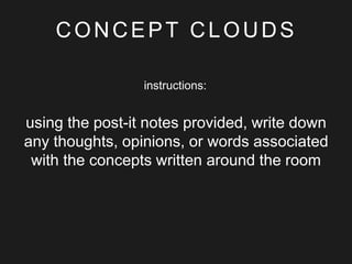 CONCEPT CLOUDS
instructions:
using the post-it notes provided, write down
any thoughts, opinions, or words associated
with the concepts written around the room
 