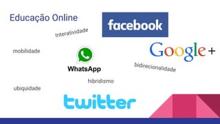 Educação Online
mobilidade
bidirecionalidade
Interatividade
ubiquidade
hibridismo
 