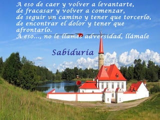 A eso de caer y volver a levantarte,  de fracasar y volver a comenzar,  de seguir un camino y tener que torcerlo,  de encontrar el dolor y tener que afrontarlo.  A eso..., no le llames adversidad, llámale  Sabiduría 