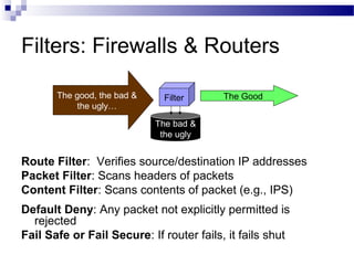 Filters: Firewalls & Routers
Route Filter: Verifies source/destination IP addresses
Packet Filter: Scans headers of packets
Content Filter: Scans contents of packet (e.g., IPS)
Default Deny: Any packet not explicitly permitted is
rejected
Fail Safe or Fail Secure: If router fails, it fails shut
The good, the bad &
the ugly…
Filter
The bad &
the ugly
The Good
 