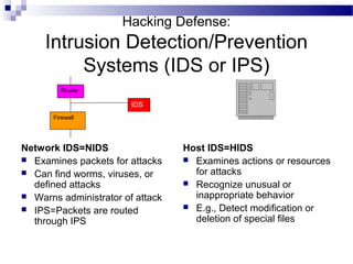 Hacking Defense:
Intrusion Detection/Prevention
Systems (IDS or IPS)
Network IDS=NIDS
 Examines packets for attacks
 Can find worms, viruses, or
defined attacks
 Warns administrator of attack
 IPS=Packets are routed
through IPS
Host IDS=HIDS
 Examines actions or resources
for attacks
 Recognize unusual or
inappropriate behavior
 E.g., Detect modification or
deletion of special files
Router
Firewall
IDS
 