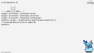 $ bin/gremlin.sh
,,,/
(o o)
-----oOOo-(3)-oOOo-----
plugin activated: tinkerpop.server
plugin activated: tinkerpop.utilities
plugin activated: tinkerpop.tinkergraph
gremlin> graph = GraphFactory.open("graph.properties")
==>tinkergraph[vertices:0 edges:0]
gremlin>
© 2015. All Rights Reserved.
 