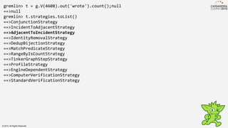 gremlin> t = g.V(4608).out('wrote').count();null
==>null
gremlin> t.strategies.toList()
==>ConjunctionStrategy
==>IncidentToAdjacentStrategy
==>AdjacentToIncidentStrategy
==>IdentityRemovalStrategy
==>DedupBijectionStrategy
==>MatchPredicateStrategy
==>RangeByIsCountStrategy
==>TinkerGraphStepStrategy
==>ProfileStrategy
==>EngineDependentStrategy
==>ComputerVerificationStrategy
==>StandardVerificationStrategy
© 2015. All Rights Reserved.
 