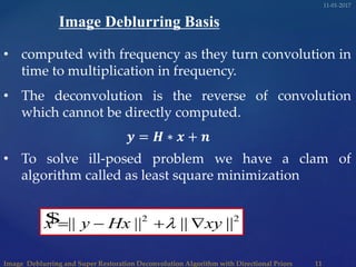 $ 2 2
|| || || ||x y Hx xy   
Image Deblurring Basis
• computed with frequency as they turn convolution in
time to multiplication in frequency.
• The deconvolution is the reverse of convolution
which cannot be directly computed.
• To solve ill-posed problem we have a clam of
algorithm called as least square minimization
𝒚 = 𝑯 ∗ 𝒙 + 𝒏
 