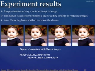  Image contents can very a lot from image to image,
 The human visual system employs a sparse coding strategy to represent images.
 As a Clustering based method to choose the classes.
Figure: Comparison of deblurred images
PSNR=36.81dB, SSIM=0.8926
PSNR=37.86dB, SSIM=0.9540
 