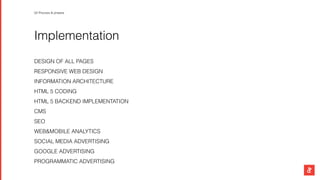Implementation
DESIGN OF ALL PAGES
RESPONSIVE WEB DESIGN
INFORMATION ARCHITECTURE
HTML 5 CODING
HTML 5 BACKEND IMPLEMENTATION
CMS
SEO
WEB&MOBILE ANALYTICS
SOCIAL MEDIA ADVERTISING
GOOGLE ADVERTISING
PROGRAMMATIC ADVERTISING
02 Process & phases
 