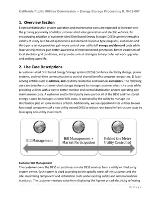 California Public Utilities Commission -- Energy Storage Proceeding R.10-12-007
3 | P a g e
1. Overview Section
Electrical distribution system operation and maintenance costs are expected to increase with
the growing popularity of utility customer-sited solar generation and electric vehicles. By
encouraging adoption of customer-sited Distributed Energy Storage (DESS) systems through a
variety of utility rate-based applications and demand response type programs, customers and
third-party service providers gain more control over utility bill energy and demand costs while
load-serving entities gain better awareness of interconnected generation, better awareness of
local electrical grid conditions, and provide control strategies to help defer network upgrades
and prolong asset life.
2. Use Case Descriptions
A customer-sited Distributed Energy Storage system (DESS) combines electricity storage, power
systems, and real-time communication to control shared benefits between two parties: 1) load-
serving entities such as utilities, and 2) utility residential and business customers. The following
use case describes customer-sited storage designed to manage customer electricity costs while
providing utilities with a way to better monitor and control distribution system operating and
maintenance costs. A customer and/or third party owns part or all of the DESS and the stored
energy is used to manage customer bills costs, is operated by the utility to manage the
distribution grid, or some mixture of both. Additionally, we see opportunity for utilities to own
functional components of a non-utility owned DESS to reduce rate-based infrastructure costs by
leveraging non-utility investment.
Customer Bill Management
The customer owns the DESS or purchases on-site DESS services from a utility or third party
system owner. Each system is sized according to the specific needs of the customer and the
site, minimizing component and installation costs under existing safety and communications
standards. The customer receives value from displacing the highest priced electricity reflecting
Bill Management
Bill Management +
Market Participation
Behind the Meter
Utility Controlled
 