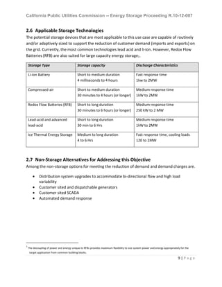 California Public Utilities Commission -- Energy Storage Proceeding R.10-12-007
9 | P a g e
2.6 Applicable Storage Technologies
The potential storage devices that are most applicable to this use case are capable of routinely
and/or adaptively sized to support the reduction of customer demand (imports and exports) on
the grid. Currently, the most common technologies lead acid and li-ion. However, Redox Flow
Batteries (RFB) are also suited for large capacity energy storage1.
Storage Type Storage capacity Discharge Characteristics
Li-ion Battery Short to medium duration
4 milliseconds to 4 hours
Fast response time
1kw to 2MW
Compressed-air Short to medium duration
30 minutes to 4 hours (or longer)
Medium response time
1kW to 2MW
Redox Flow Batteries (RFB) Short to long duration
30 minutes to 6 hours (or longer)
Medium response time
250 kW to 2 MW
Lead-acid and advanced
lead-acid
Short to long duration
30 min to 6 Hrs
Medium response time
1kW to 2MW
Ice Thermal Energy Storage Medium to long duration
4 to 6 Hrs
Fast response time, cooling loads
120 to 2MW
2.7 Non-Storage Alternatives for Addressing this Objective
Among the non-storage options for meeting the reduction of demand and demand charges are.
• Distribution system upgrades to accommodate bi-directional flow and high load
variability
• Customer sited and dispatchable generators
• Customer sited SCADA
• Automated demand response
1
The decoupling of power and energy unique to RFBs provides maximum flexibility to size system power and energy appropriately for the
target application from common building blocks.
 