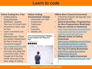 Learn to code
Online Coding Env. Free
• Codeacademy,
Freecodecamp,
• SkillShare, Youtube
• One hour of Code Event
• 45 placed to learn code
for free
• Learn Command Line
• Join Local
MeetupGroups- There
are weekly Hackerhours
for free in every city
• Forums for support
http://stackoverflow.com/
• Go to paid programs
and copy and paste the
curriculum order. Than
Google all of the free
online resources to do
each stage of coding
Online Coding
Environments (Cheap)
• Onemonth.com $50
• Codeschool,
• Treehouse,
• Udemy,
• Coursera,
• Udacity, etc.
Offline Boot Camp Environments
• A full-time program will typically cost
$5,000-$15,000.
• General Assembly- Programming
for Non-Programmers BootCamp
• Help you decide on bootcamp
https://www.themuse.com/advice/lea
rn-to-code-now-how-to-pick-the-
right-dev-boot-camp-for-you
• Ultimate Guide to Coding
bootcamps
http://www.skilledup.com/articles/
the-ultimate-guide-to-coding-
bootcamps-the-exhaustive-list
• The Top 33 Coding Bootcamps
http://tech.co/top-33-coding-
bootcamps-2015-02
• Weekend & nights bootcamps
http://anyonecanlearntocode.com
/
www.Csouffrantntim.com
 