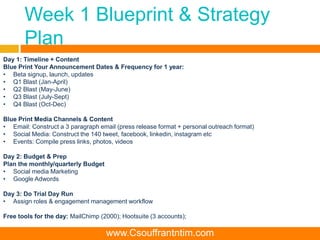 Week 1 Blueprint & Strategy
Plan
Day 1: Timeline + Content
Blue Print Your Announcement Dates & Frequency for 1 year:
• Beta signup, launch, updates
• Q1 Blast (Jan-April)
• Q2 Blast (May-June)
• Q3 Blast (July-Sept)
• Q4 Blast (Oct-Dec)
Blue Print Media Channels & Content
• Email: Construct a 3 paragraph email (press release format + personal outreach format)
• Social Media: Construct the 140 tweet, facebook, linkedin, instagram etc
• Events: Compile press links, photos, videos
Day 2: Budget & Prep
Plan the monthly/quarterly Budget
• Social media Marketing
• Google Adwords
Day 3: Do Trial Day Run
• Assign roles & engagement management workflow
Free tools for the day: MailChimp (2000); Hootsuite (3 accounts);
www.Csouffrantntim.com
 